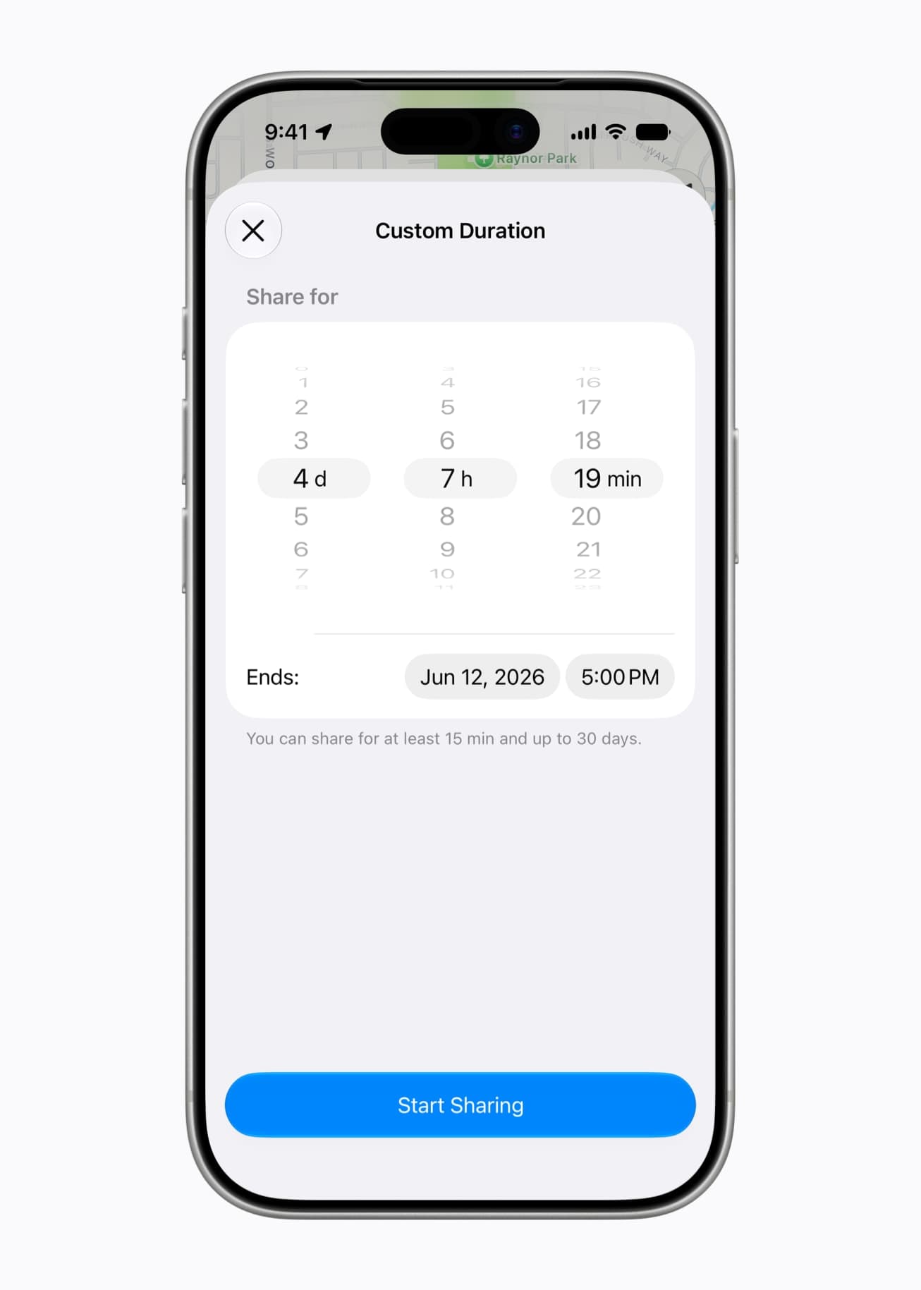 En iPhone 17 Pro viser tidsvalget «Custom Duration» i Hvor er, satt til 4 dager, 7 timer og 19 minutter.