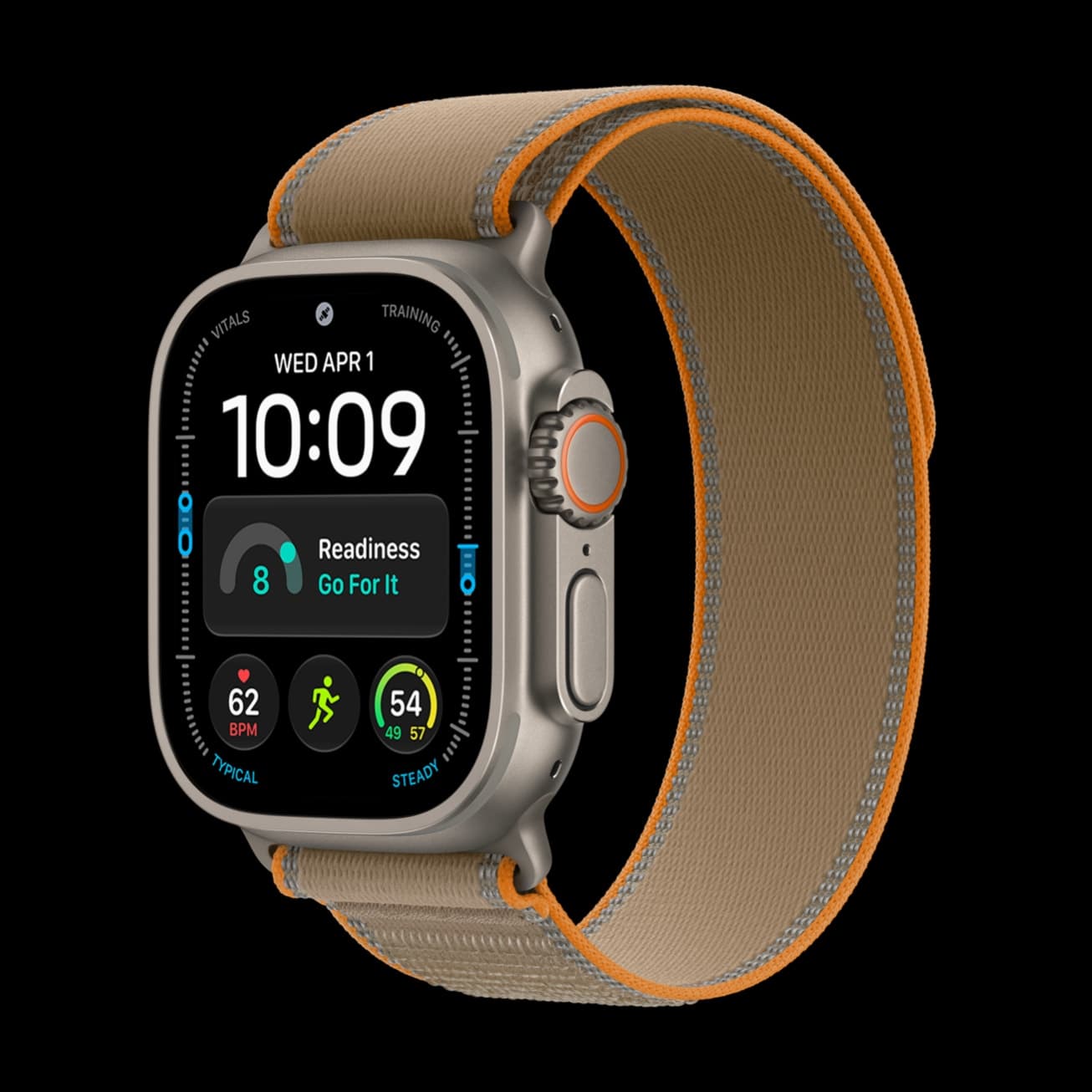 Apple Watch Ultra 4 i naturlig titan med Trail Loop-rem i sandfarge.