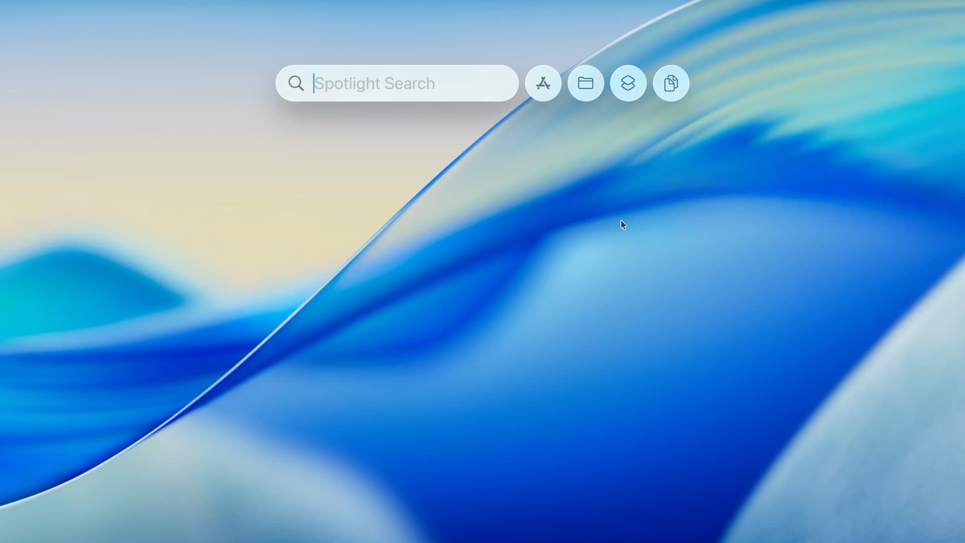 Spotlight-søkefeltet i macOS Tahoe 26 med knapper for apper, filer, handlinger og utklippstavle
