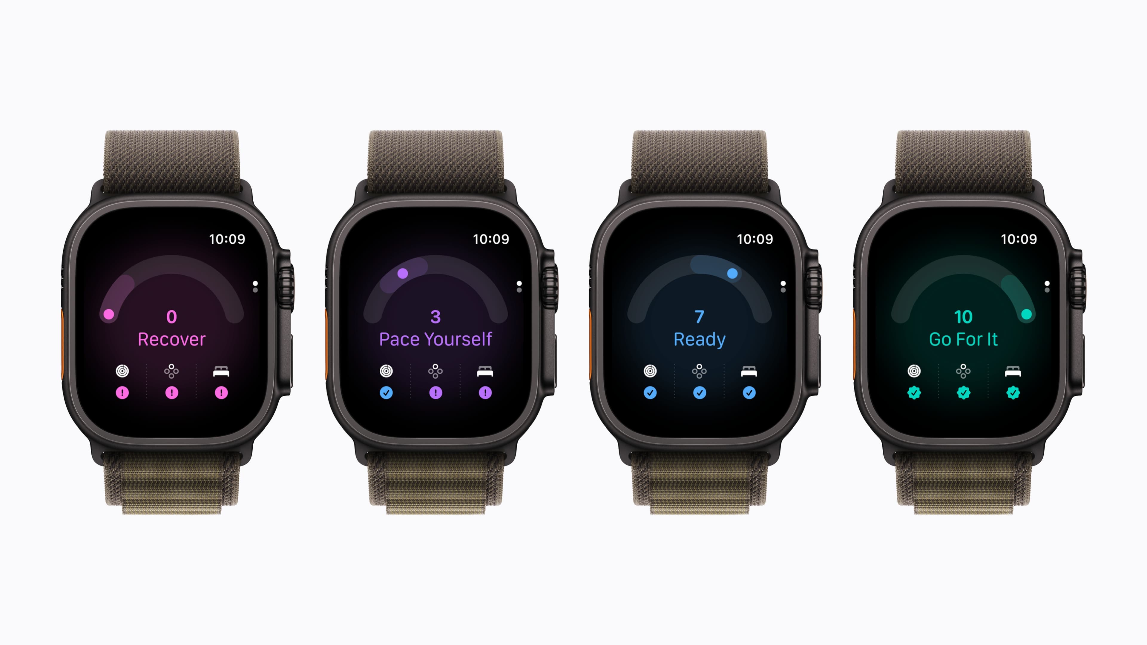 Fire Apple Watch Ultra 4 viser Readiness-poeng fra 0 til 10.