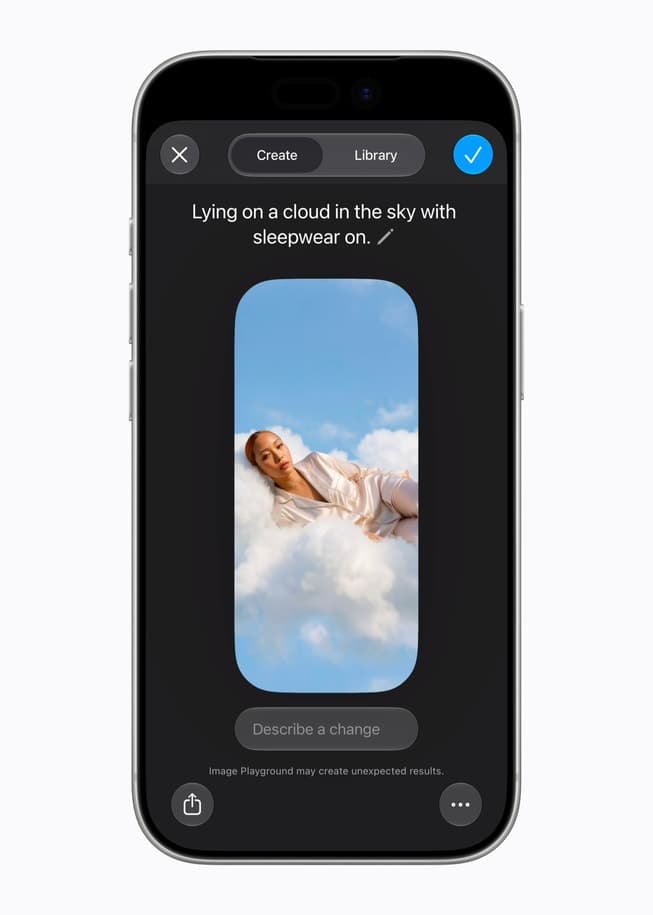 Image Playground på iPhone viser et KI-generert bilde og engelske kontroller.