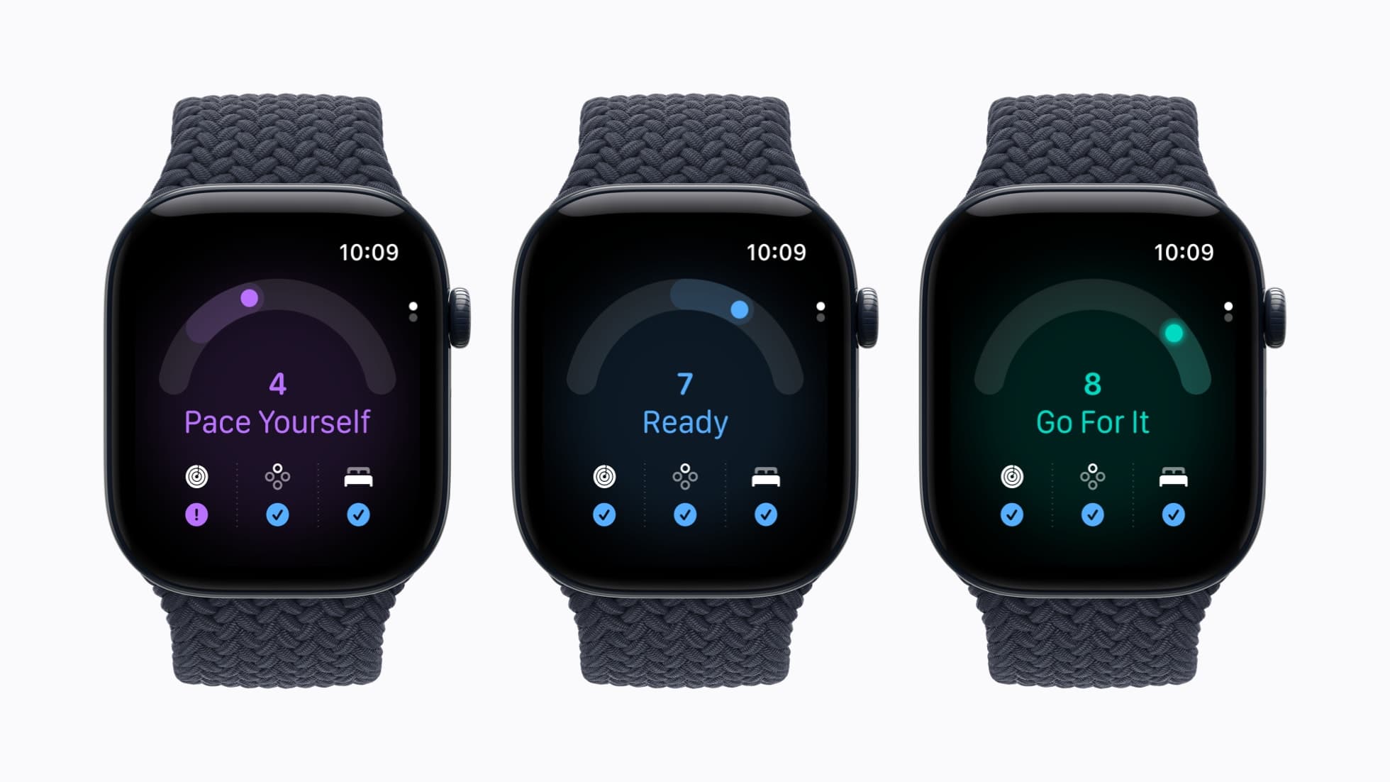 Tre Apple Watch Series 12-enheter viser Kapasitet-vurderingene Spar på kreftene, Klar og Kom igjen.