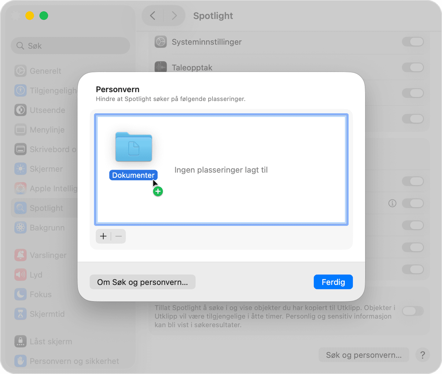 Spotlight-personvern i Systeminnstillinger på Mac, der Dokumenter-mappen dras til listen over plasseringer Spotlight ikke skal søke i