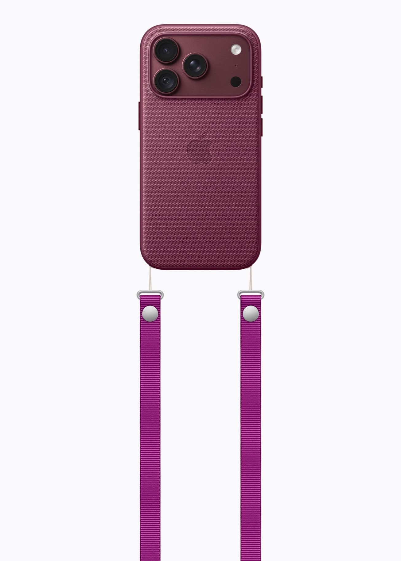 iPhone 18 Pro i burgunder med matchende deksel og crossbody-stropp i magenta.