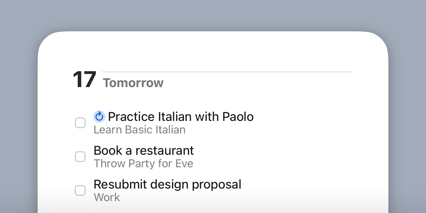 Repeterende gjøremål med avkrysningsboks og blått gjentakelsessymbol i Things