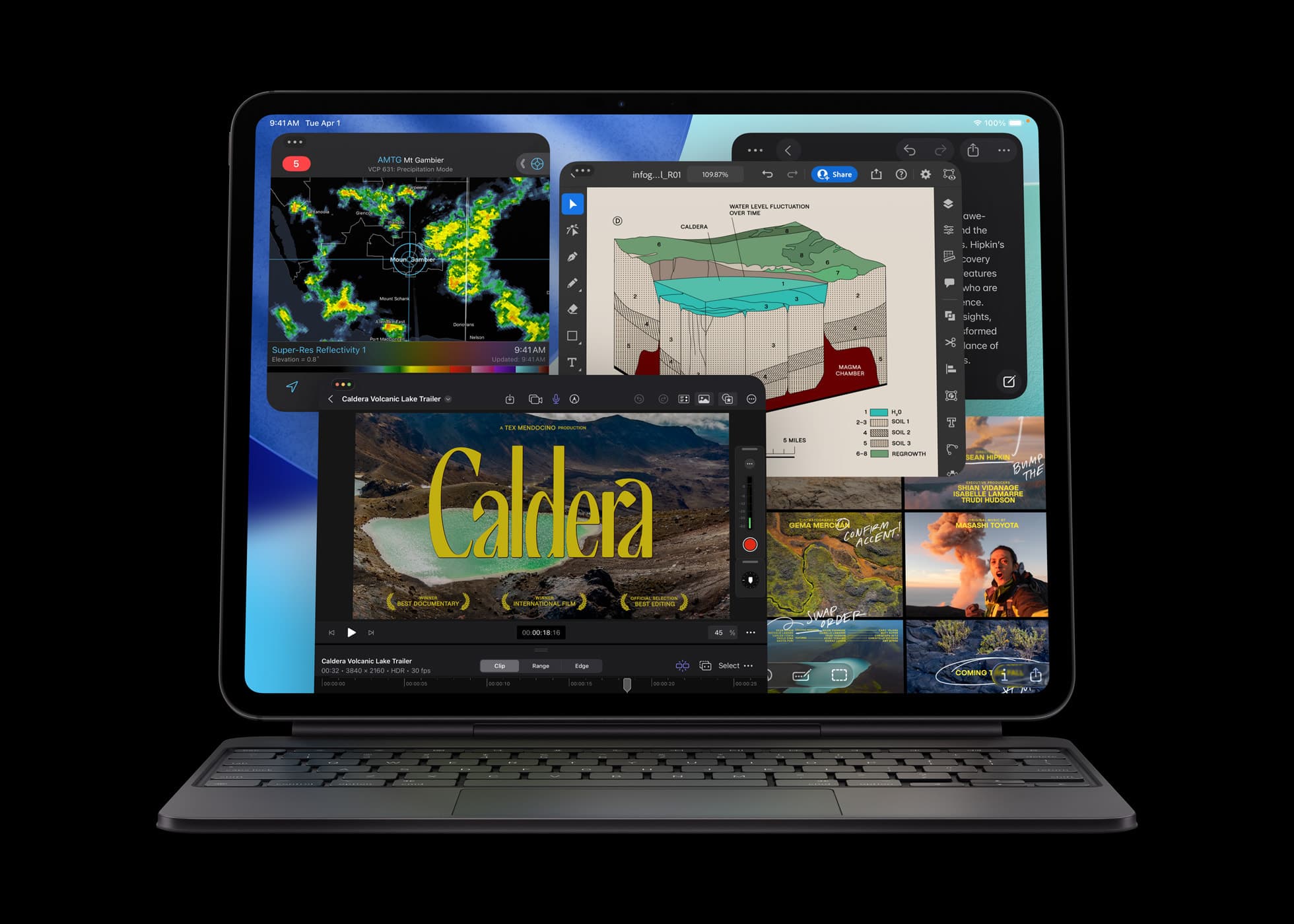 En iPad Pro med M5 viser flere apper i vinduer over et svart Magic Keyboard.
