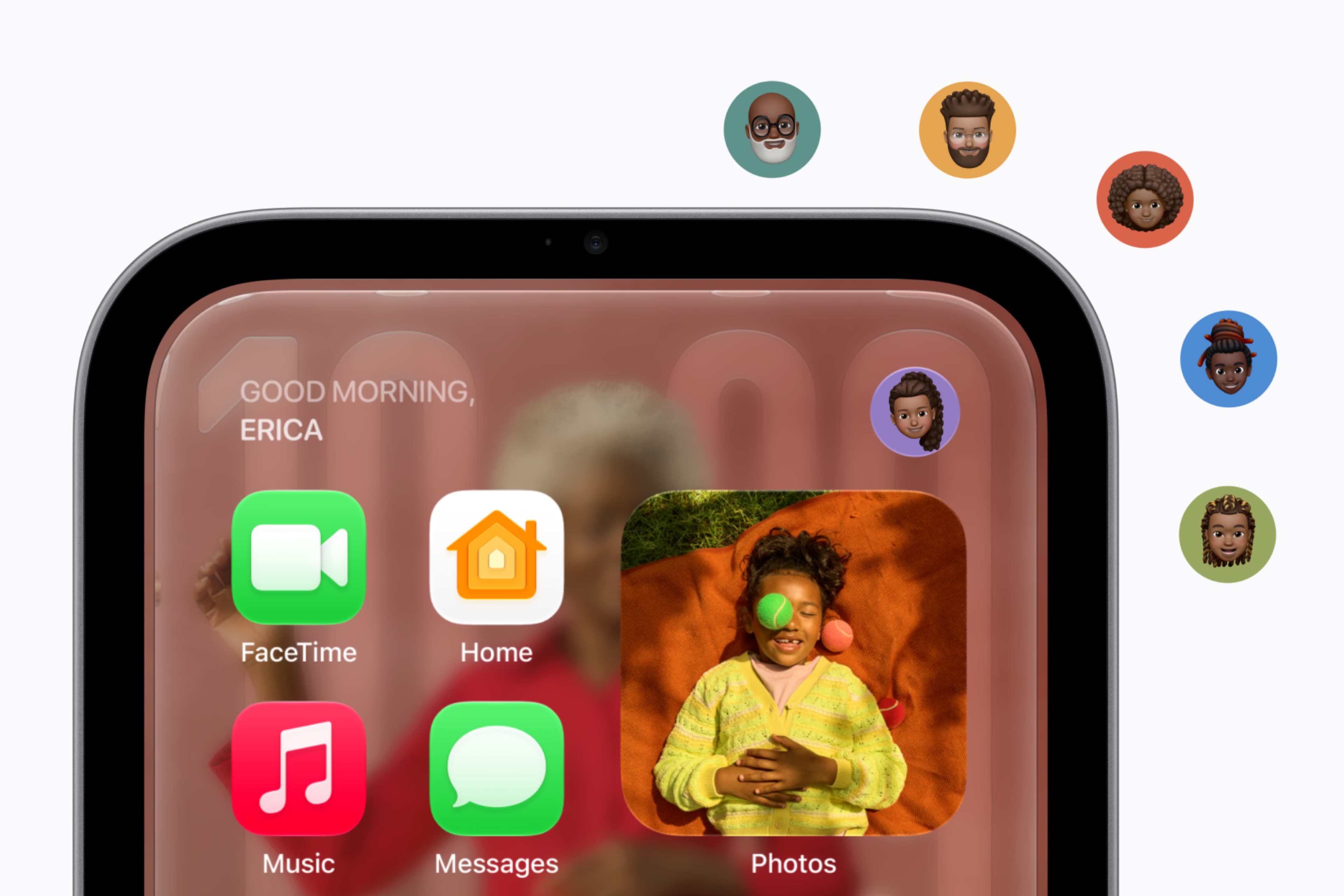 HomeView viser Ericas personlige startskjerm og symboler for seks brukere.