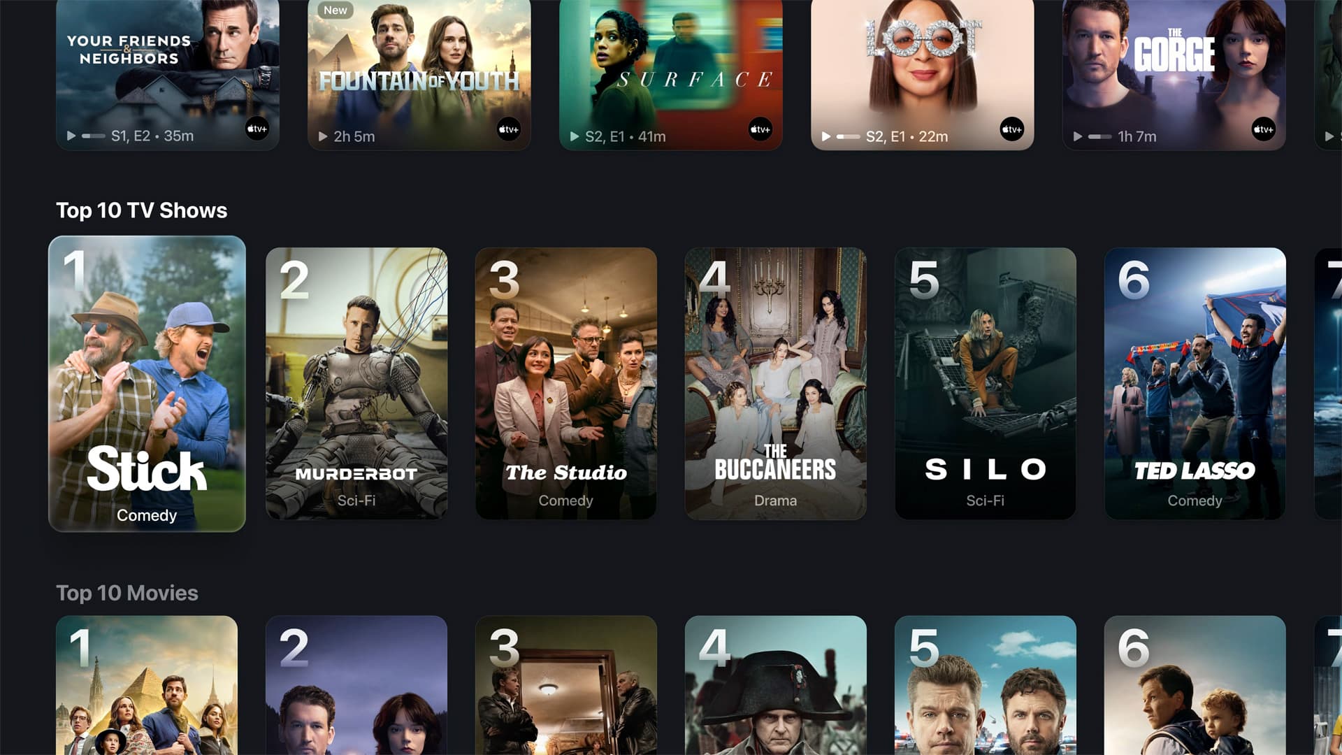 Apple TV-appen med rekker av serier og filmer, blant annet The Studio, Silo og Ted Lasso.