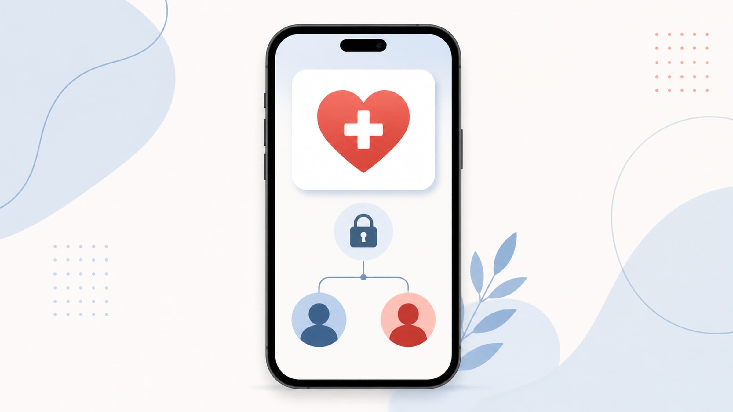 Illustrasjon av en smarttelefon med medisinsk symbol, lås og to nødkontakter
