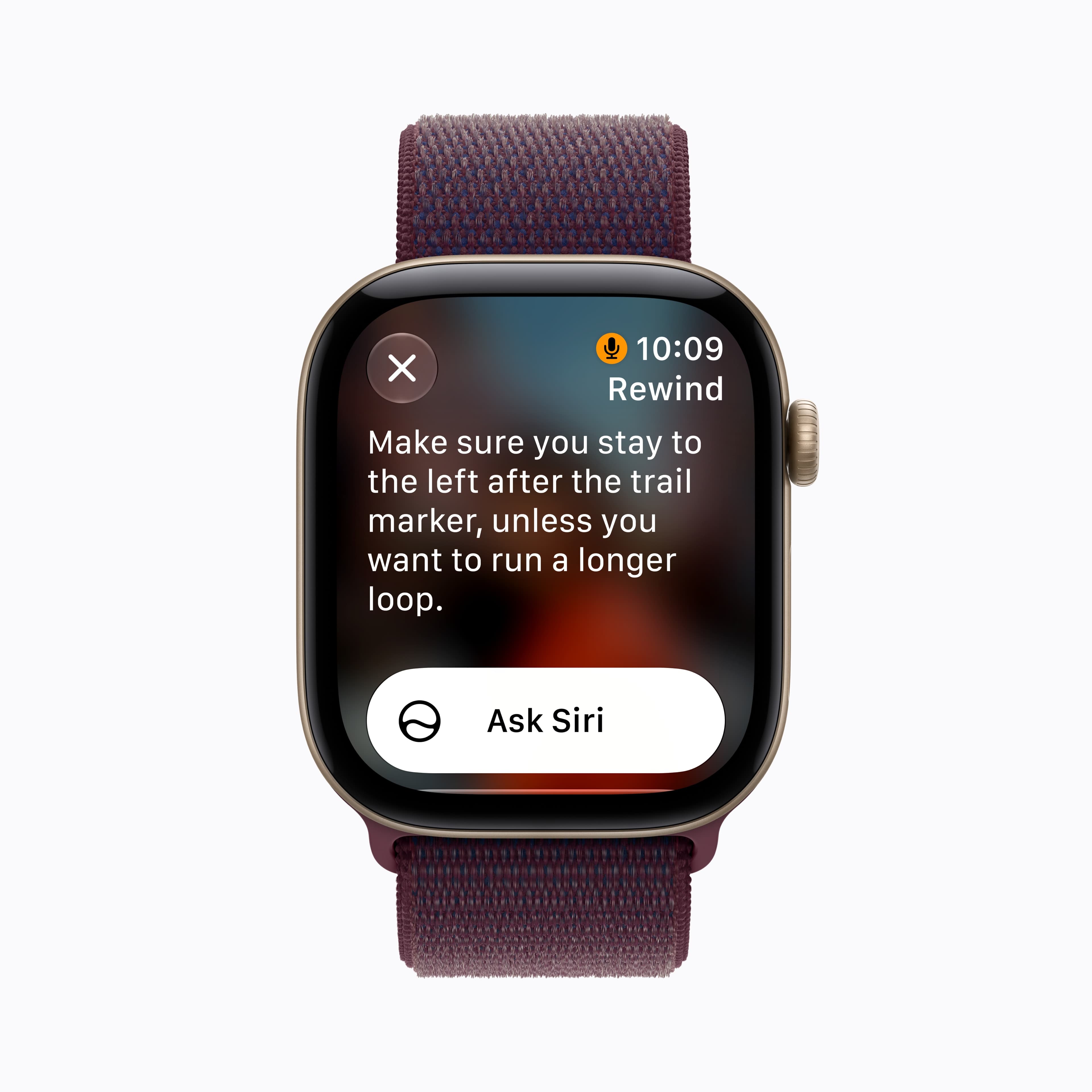 Apple Watch Series 12 viser et engelsk Live Rewind-tekstutdrag om en løperute.