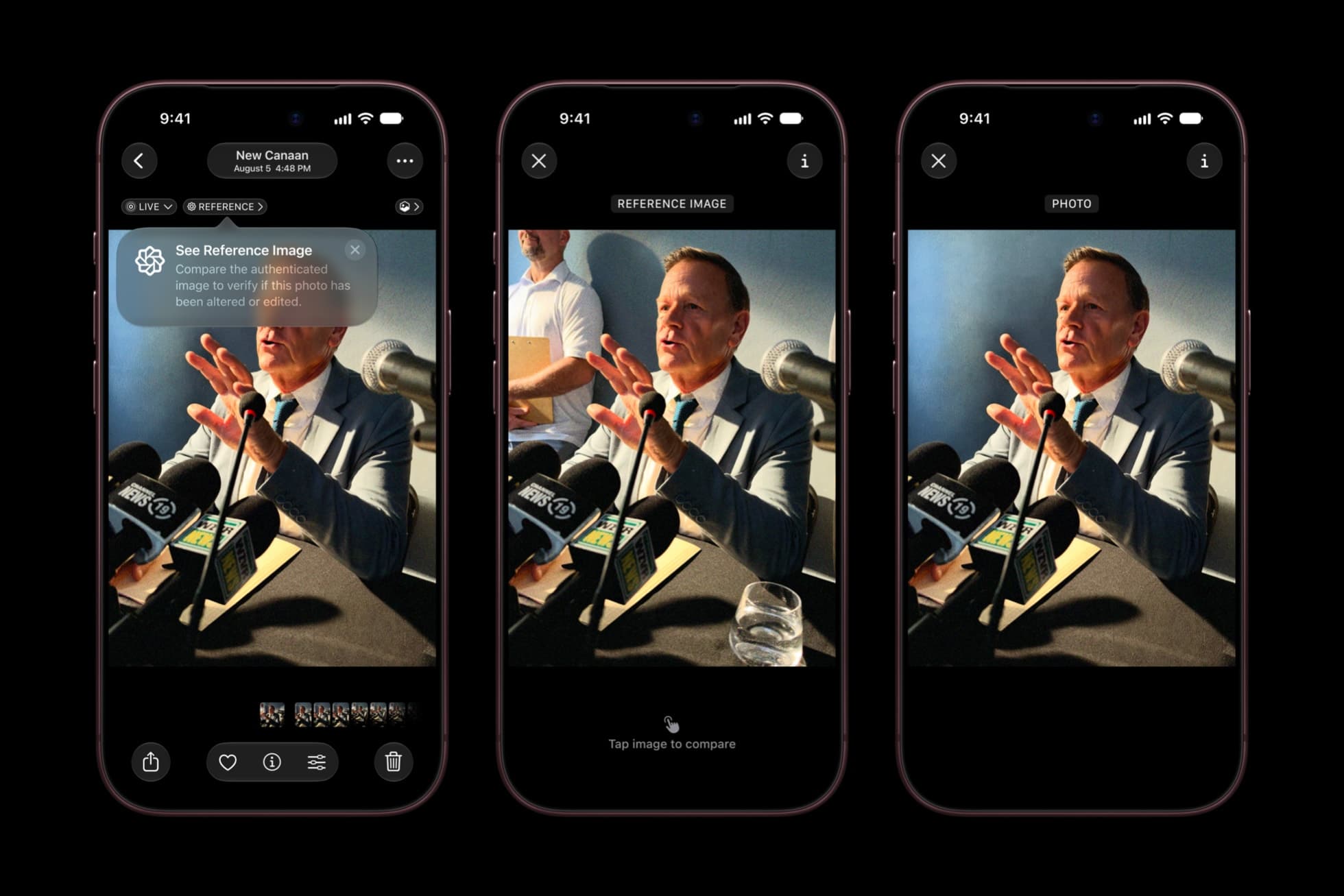 Originalt og redigert fotografi sammenlignes på tre iPhone 18 Pro-enheter.