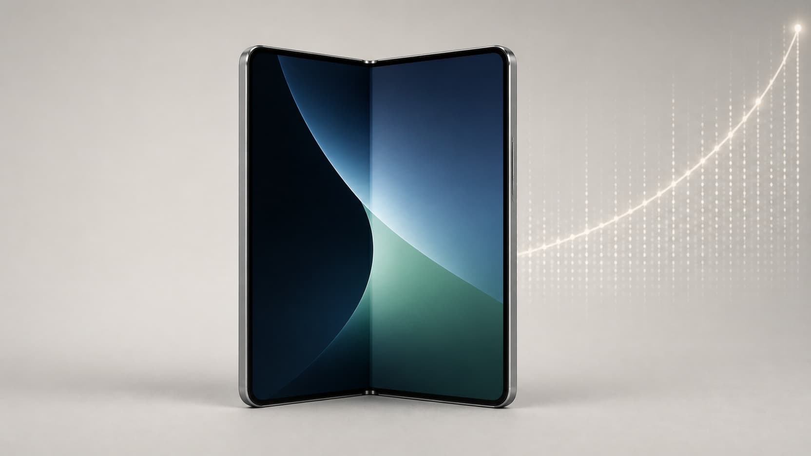 Konseptillustrasjon av en bokformet foldbar smarttelefon foran en stigende markedskurve.