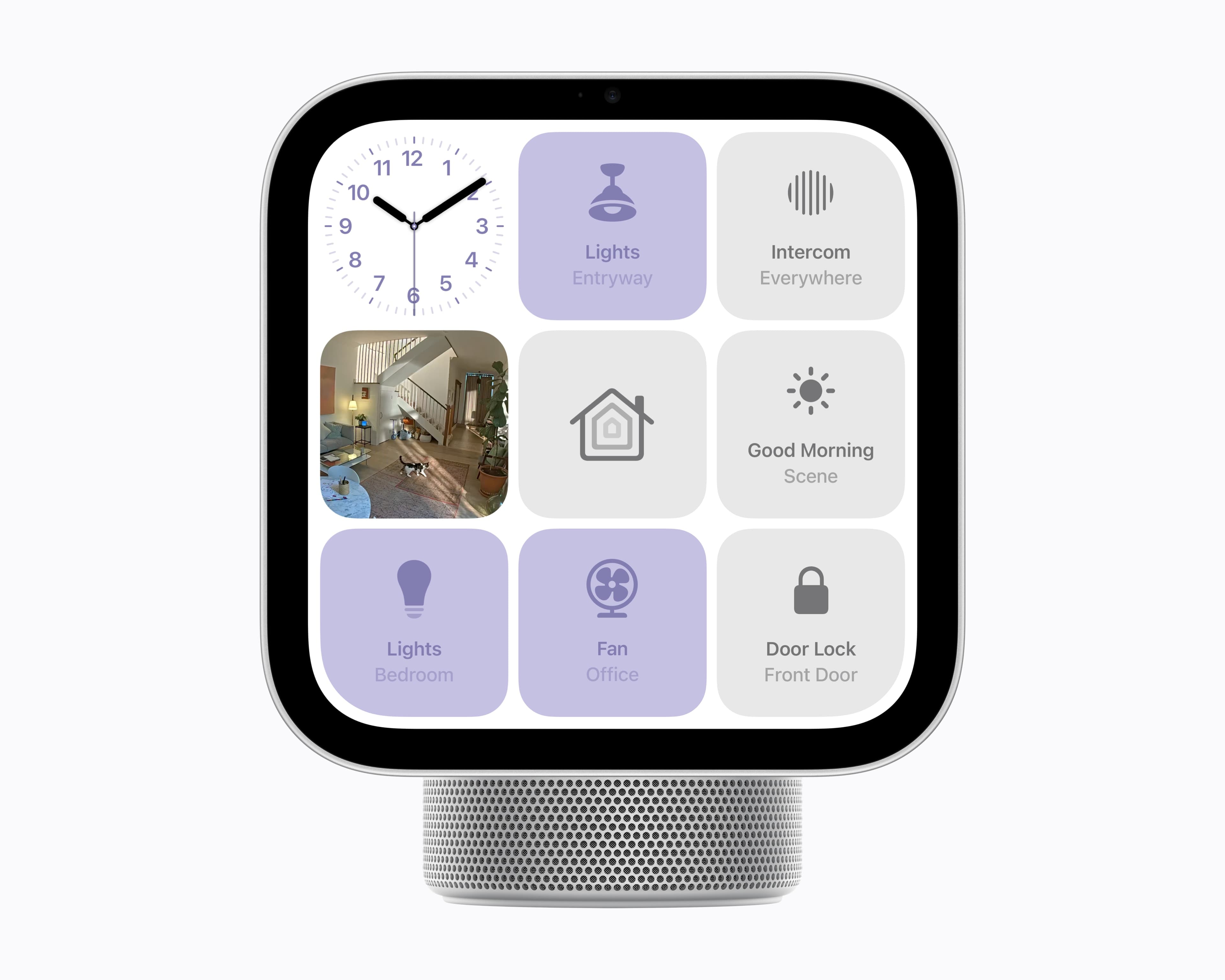 Apple HomeView viser modulknapper for lys, Interkom, scene, kamera, vifte og dørlås.