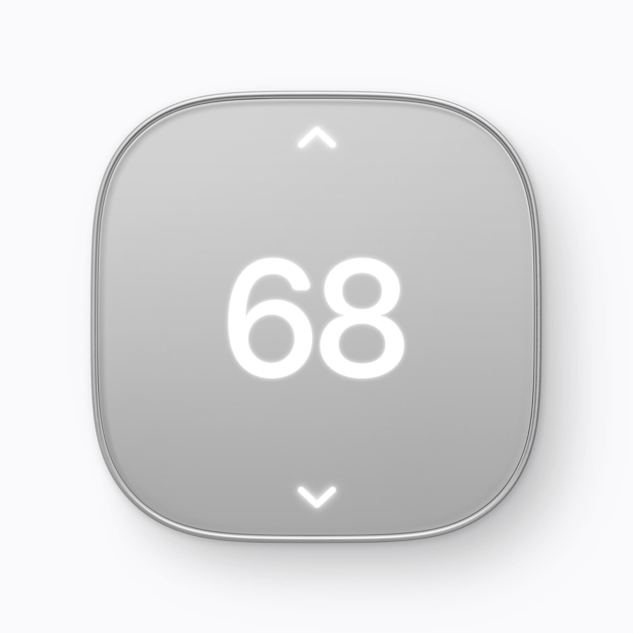 Schneider Home Smart Thermostat viser tallet 68 mellom opp- og nedpiler.