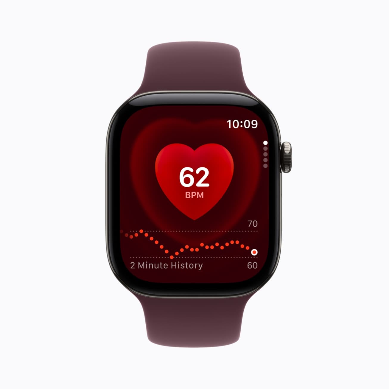 Apple Watch Series 12 viser Puls-appen med 62 slag i minuttet og en kurve for de siste to minuttene.