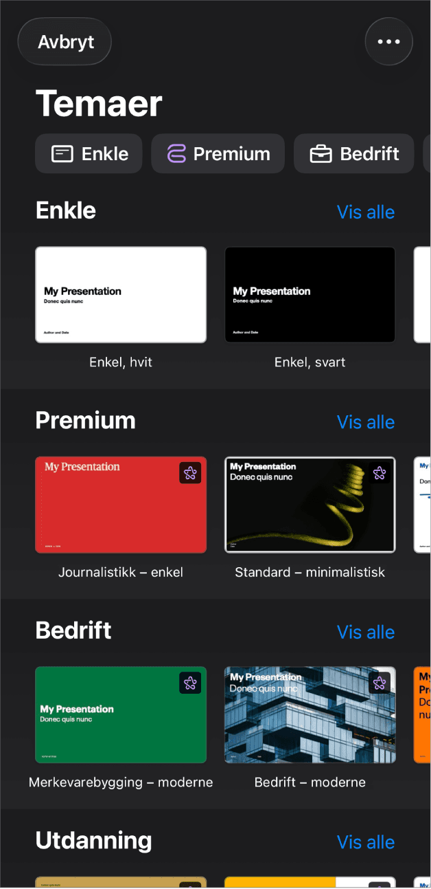 Norsk temavelger i Keynote på iPhone med kategoriene Enkle og Premium