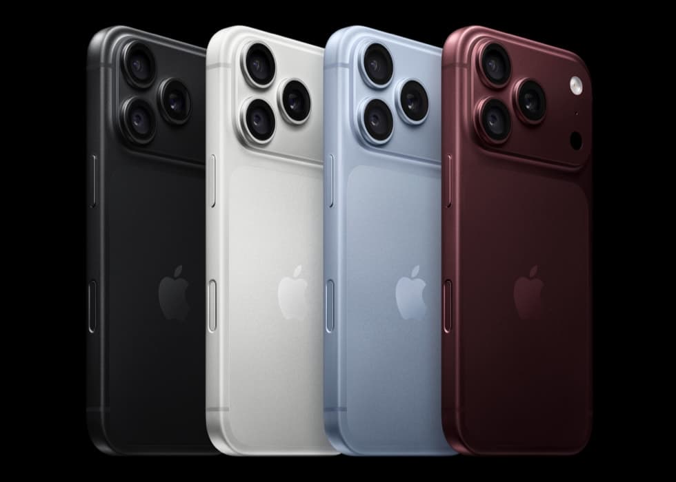 iPhone 18 Pro i svart, sølv, isbre og burgunder