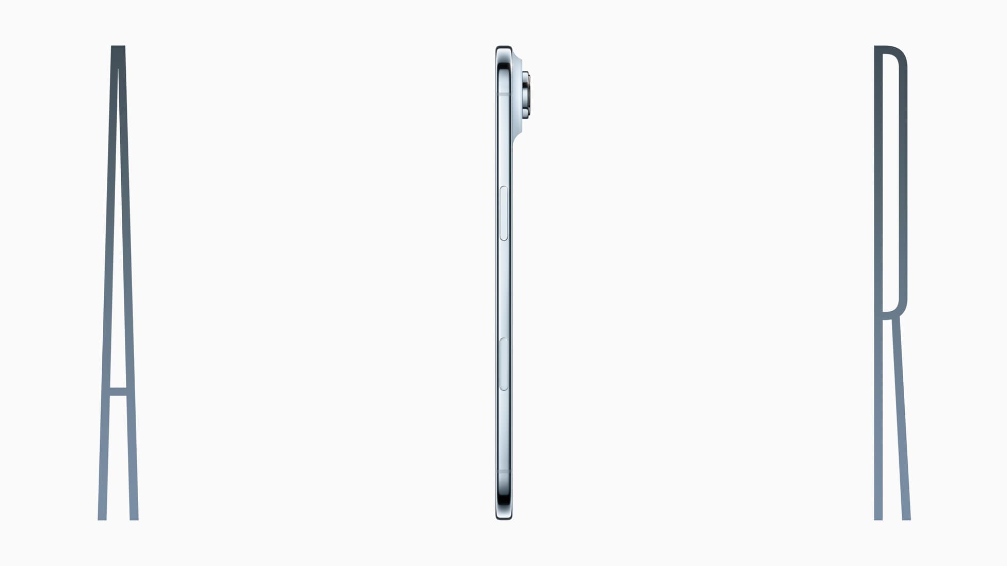 iPhone Air sett fra siden mellom bokstavene A og R, slik at motivet danner ordet AIR.