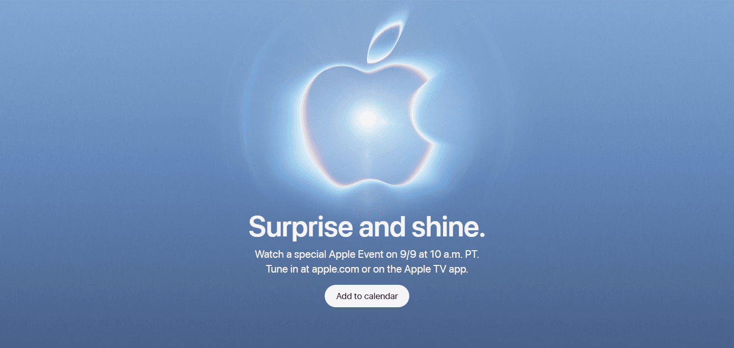 Apples arrangementsside med slagordet Surprise and shine og tidspunktet 9. september klokken 10 PT
