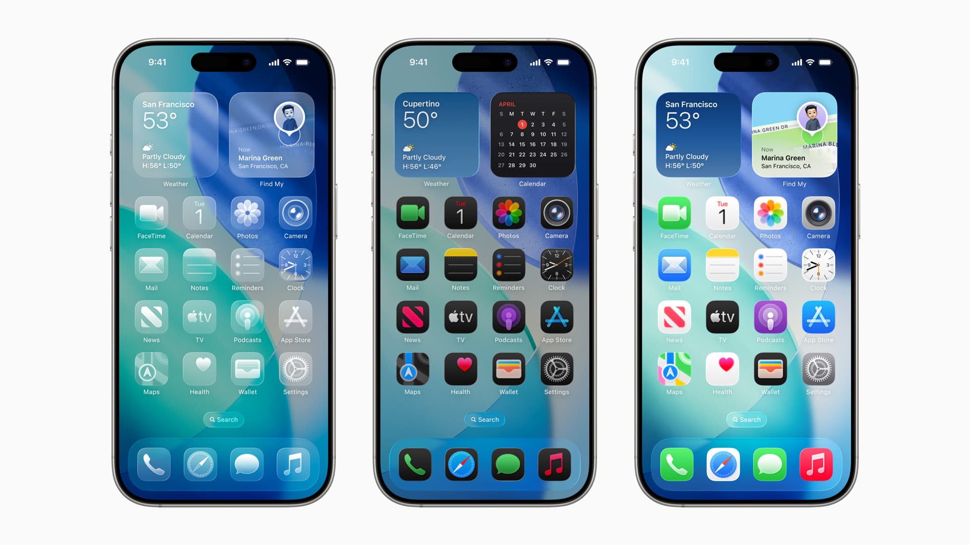 Tre iPhone 16 Pro viser ulike Hjem-skjermer i iOS 26.