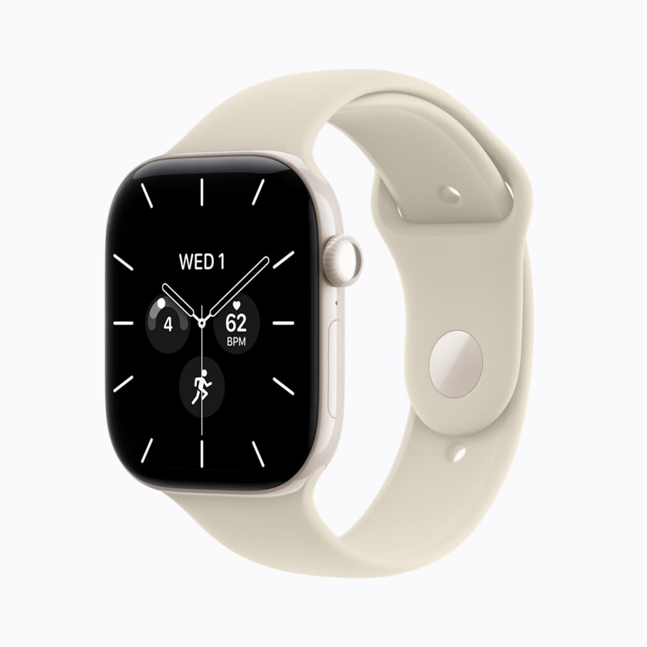 Apple Watch Series 12 med perlehvit keramisk urkasse og lys rem.