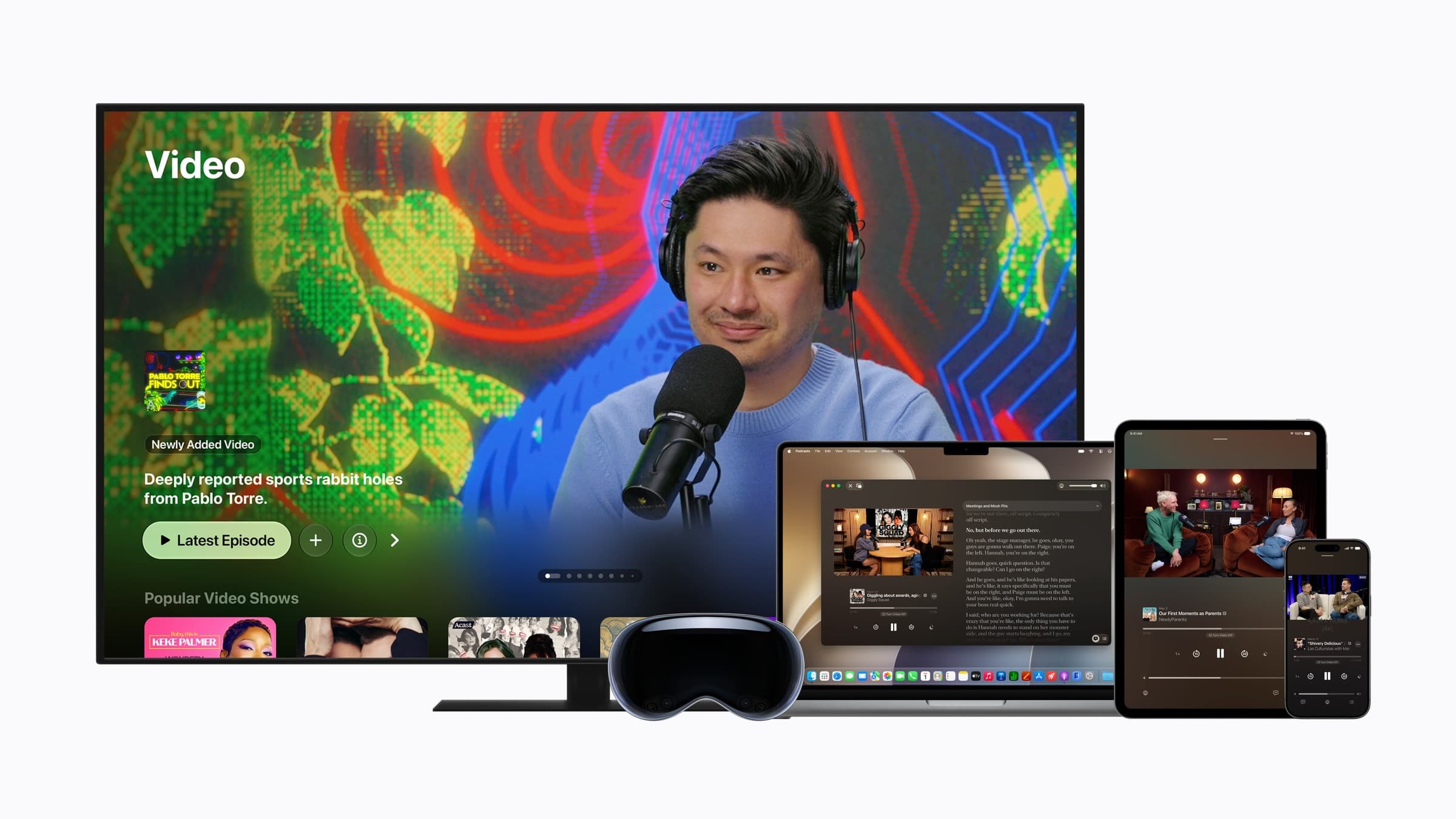 En TV, Apple Vision Pro, MacBook, iPad og iPhone viser videoinnhold på tvers av Apple-enheter