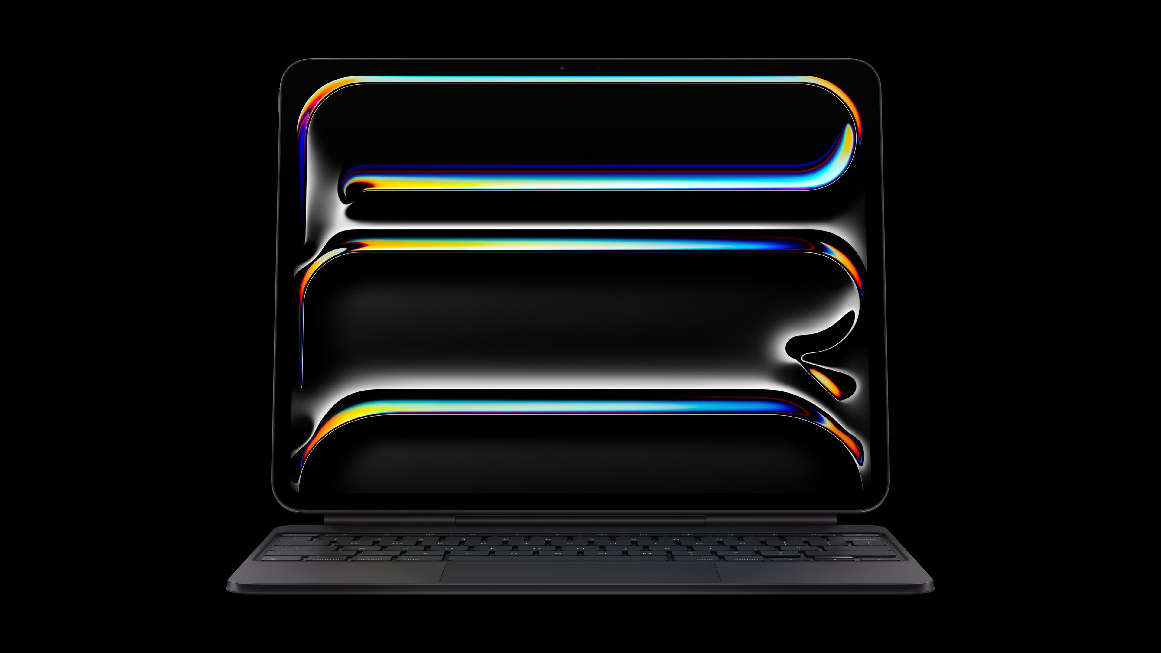 iPad Pro (M5) med Magic Keyboard, vist forfra mot svart bakgrunn.