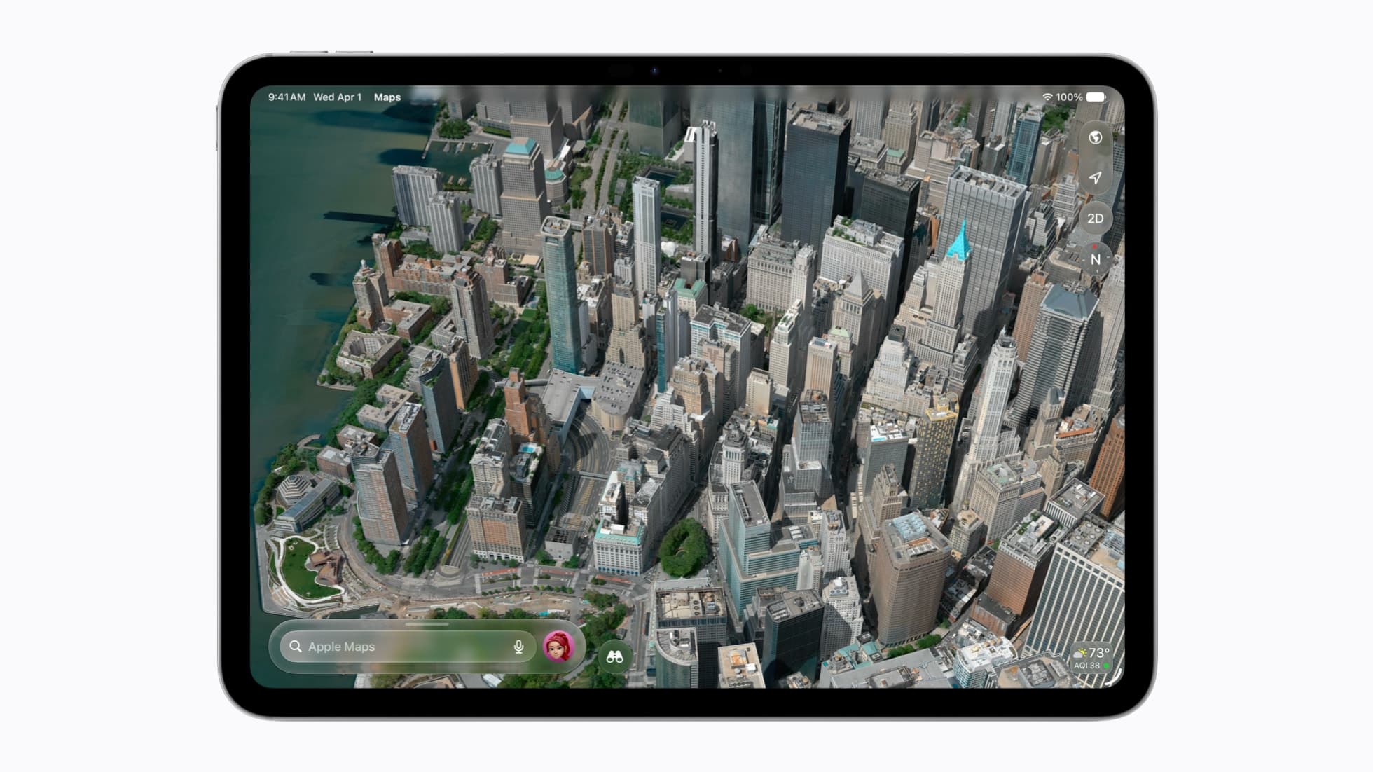 En iPad viser Flyover-visning av Manhattan i Kart-appen i iPadOS 27.