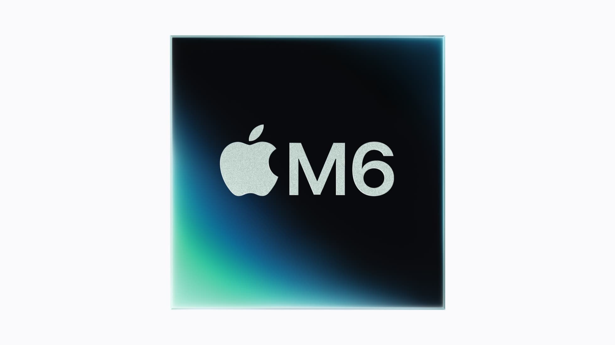 Grafikk av Apple M6-brikken med M6-logo på en svart brikke
