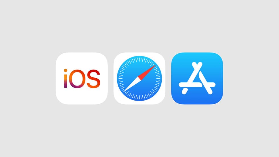 App-ikonene for iOS, Safari og App Store på en lys grå bakgrunn