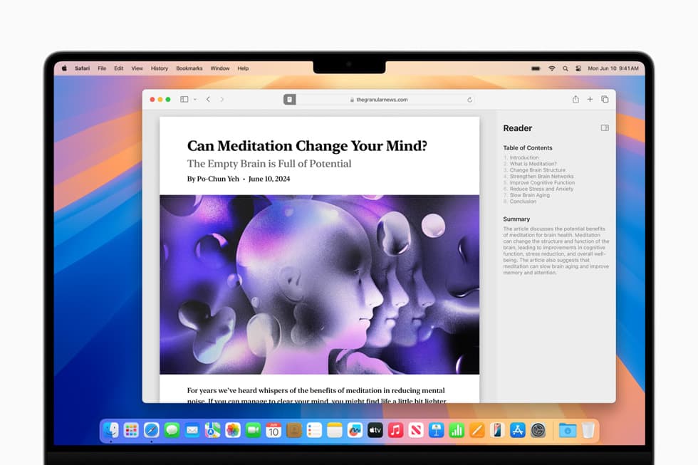 På en brukers MacBook Pro viser Safari omdesignet Leser med en innholdsfortegnelse og en oppsummering til høyre i vinduet.