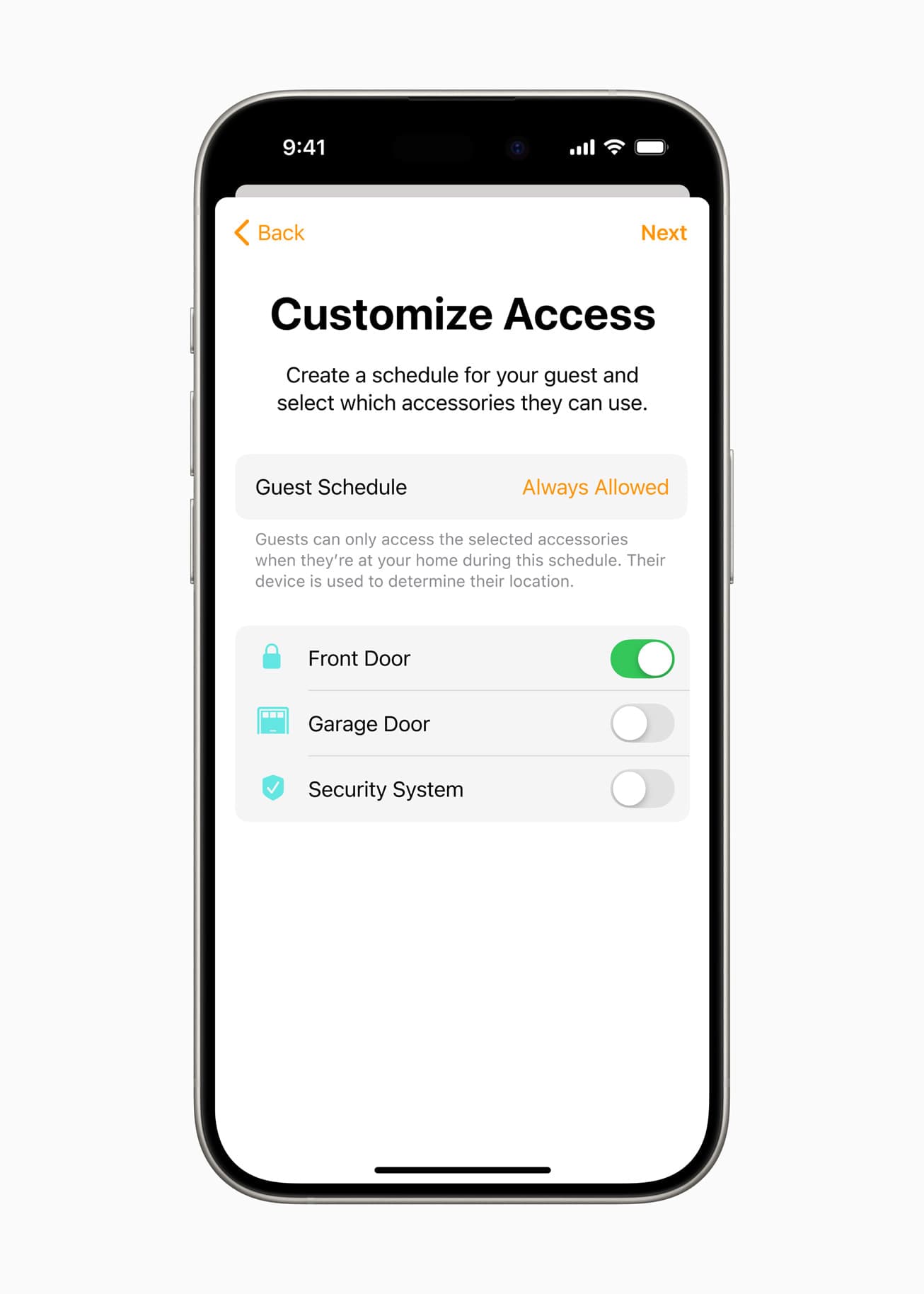 Hjem-appen pa en iPhone viser «Customize Access» der gjestetilgang til Inngangsdor, Garasjeport og Sikkerhetssystem styres med brytere