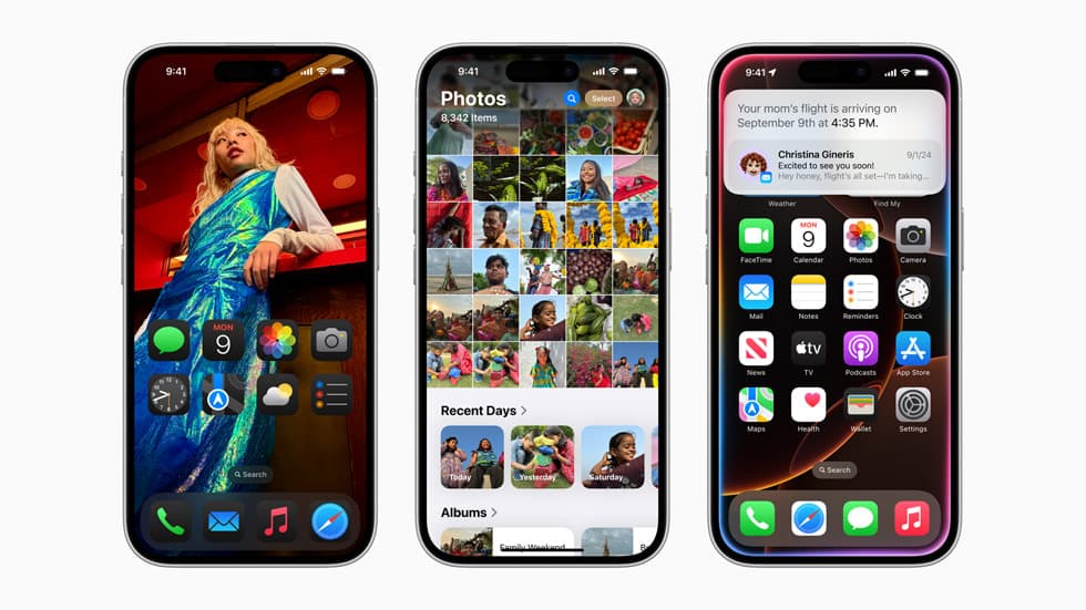 Tre iPhone 15 Pro viser iOS 18 med tilpasset hjemmeskjerm, Bilder-appen og varsler