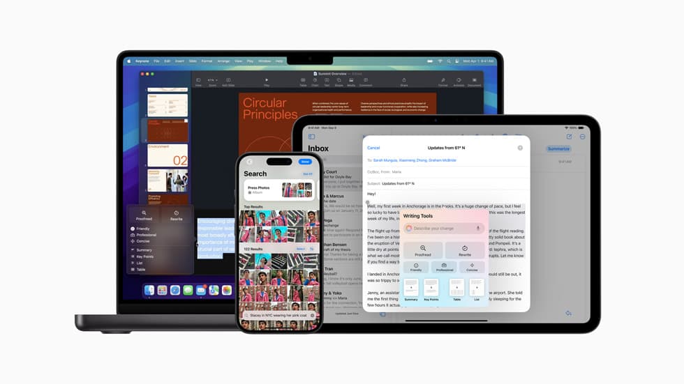 Apple Intelligence vist på iPhone, MacBook og iPad med skrive- og søkeverktøy på skjermene.