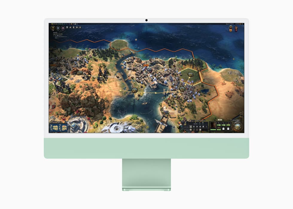 Grønn iMac med M4-brikke viser strategispillet Civilization VII på den 24-tommers Retina-skjermen