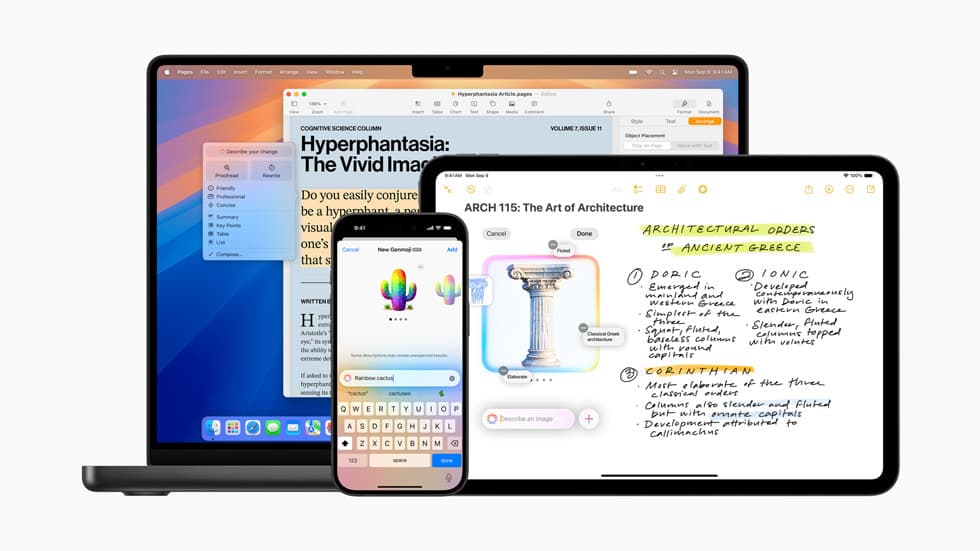 Genmoji-laging på iPhone, Image Playground på iPad og Writing Tools på Mac side om side – Apple Intelligence på tvers av enheter.