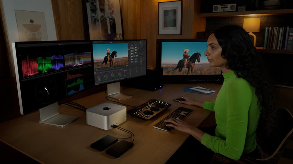 Person fargekorrigerer video på to skjermer koblet til en Mac Studio med Apple-kontrollflate på pulten