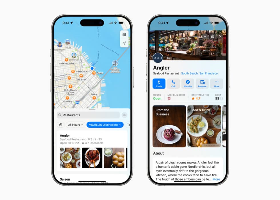 To iPhone-modeller med Dynamic Island viser Apple Maps med restaurantsok og et stedskort med vurderinger og bilder