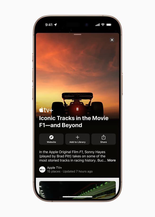 En side i Apple TV+ med tittelen «Iconic Tracks in the Movie F1—and Beyond» på iPhone 16 Pro.