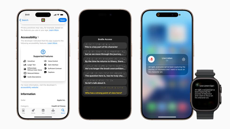 Tre iPhone-er og en Apple Watch som viser tilgjengelighetsfunksjoner, blant annet Stemmekontroll og Live Listen