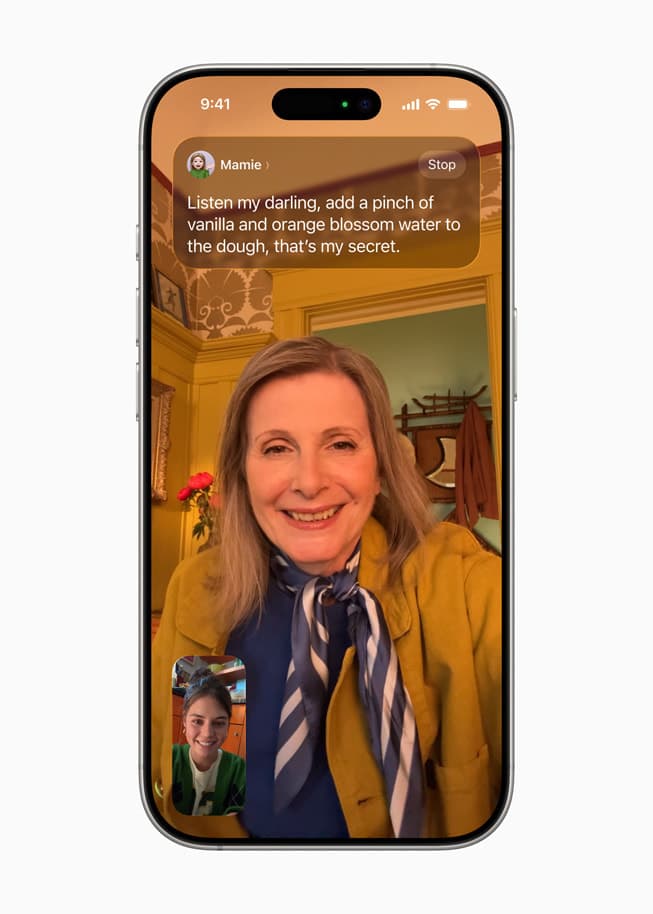 Direkteoversetting i FaceTime vises på iPhone 16 Pro.