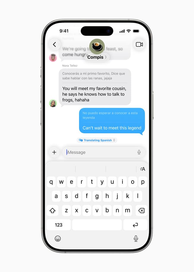 iPhone med iOS 26 viser en pågående samtale i Meldinger-appen