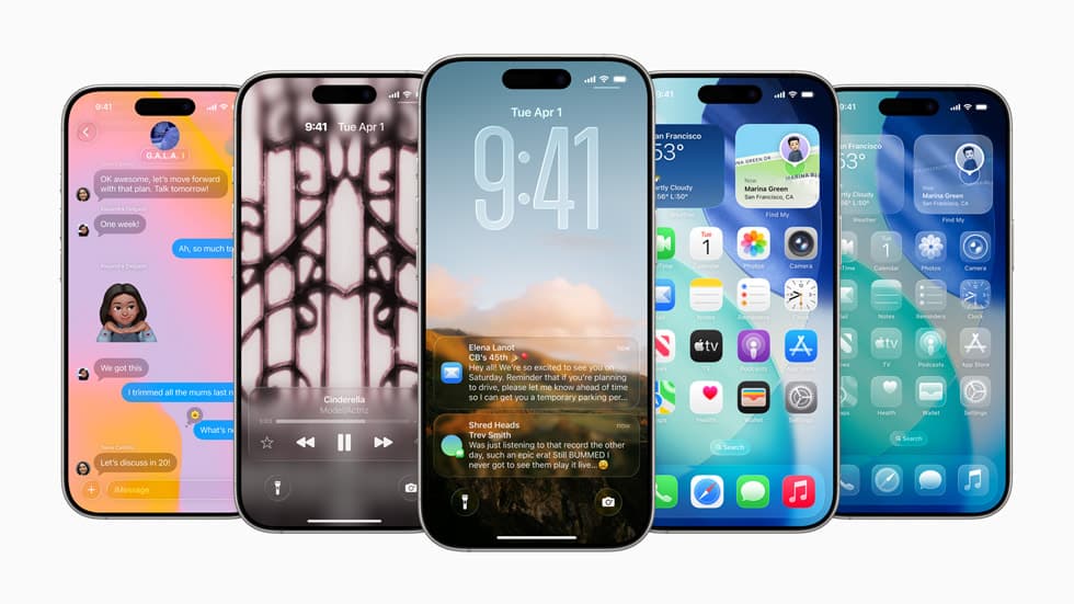 Fem iPhone-modeller side om side viser iOS 26 med Liquid Glass-grensesnitt, låseskjerm, hjemmeskjerm og Meldinger