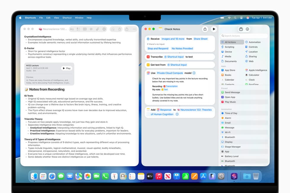 Snarveier-appen på en Mac med Apple Intelligence-handlinger og Private Cloud Compute-modell for automatisk oppsummering av notater