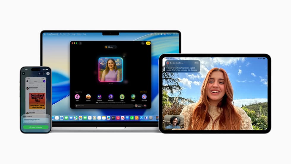 Apple Intelligence-funksjoner vist samtidig på iPhone, MacBook og iPad