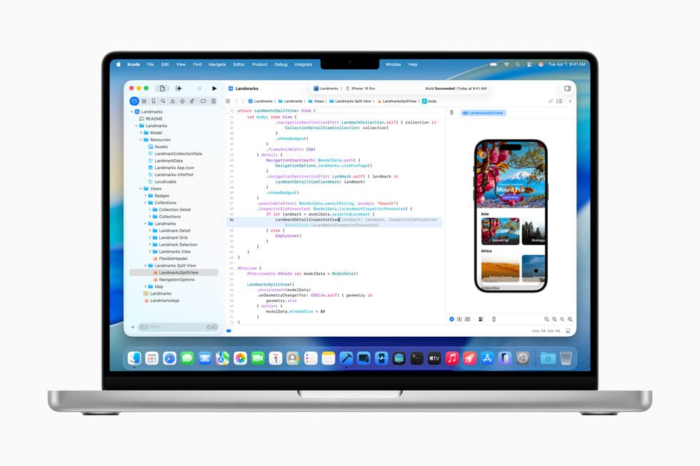 Xcode 26 aapen paa en MacBook Pro, med kode og forhaandsvisning av en app paa en iPhone