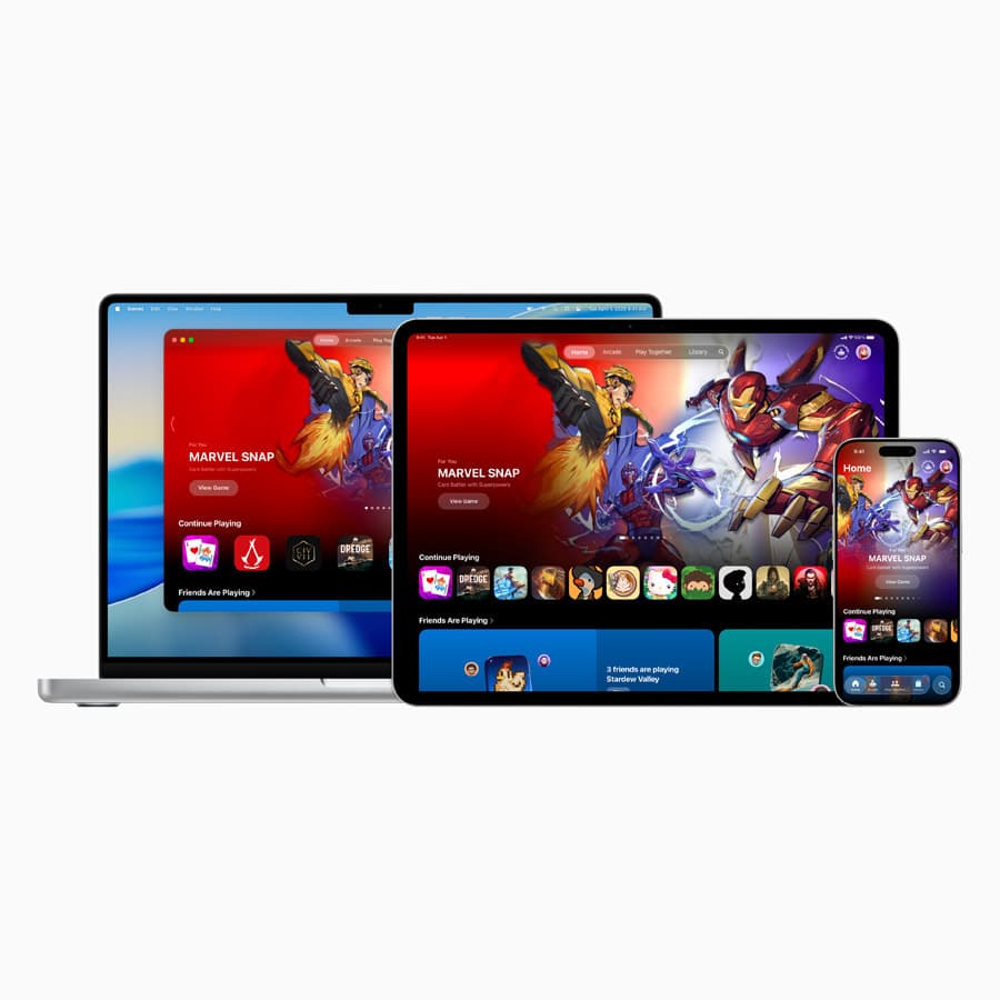 MacBook Pro, iPad og iPhone viser den nye Apple Games-appen med spillbiblioteket