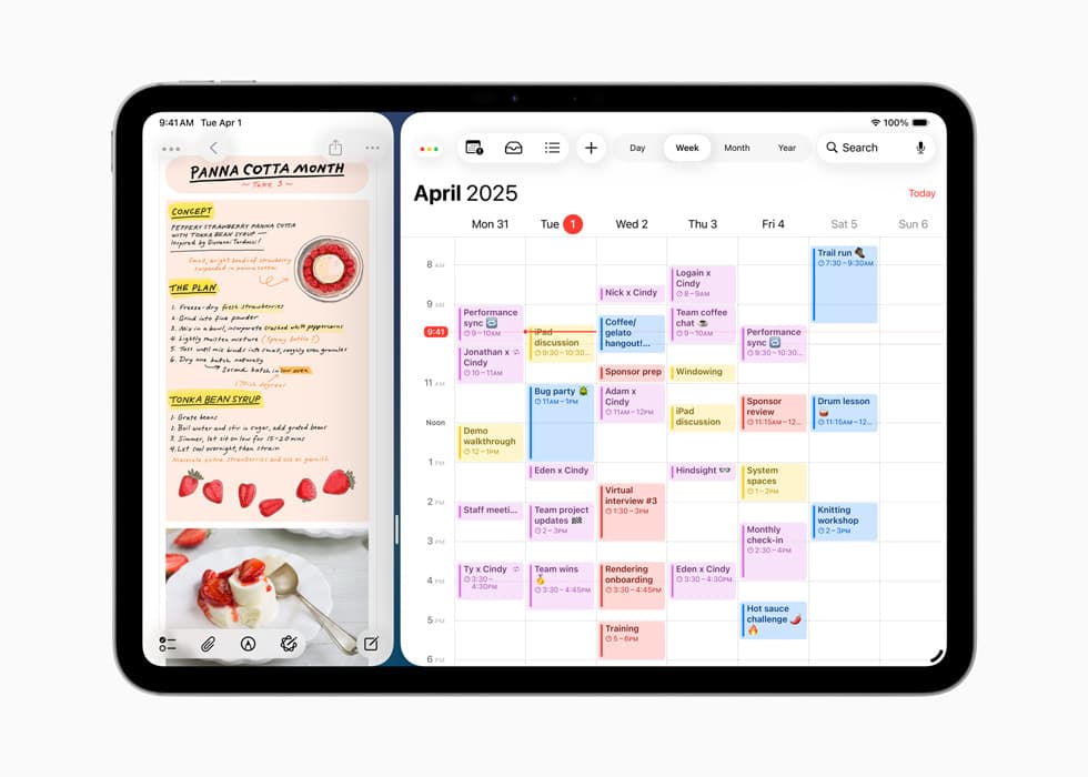 iPad med vindusinndeling som viser to apper side om side — Notater og Kalender åpne samtidig