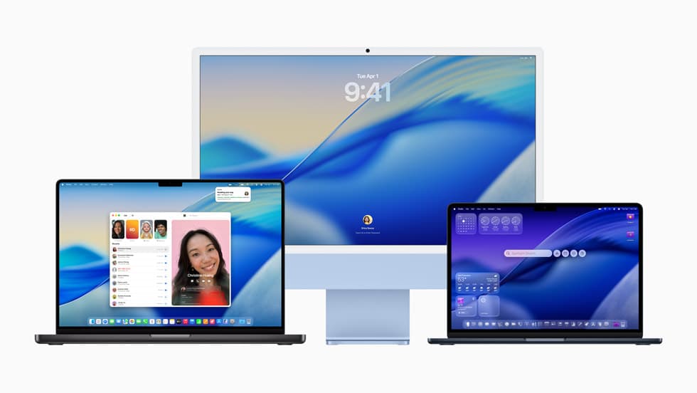 MacBook Pro, iMac og MacBook Air som alle kjorer nyeste macOS side om side
