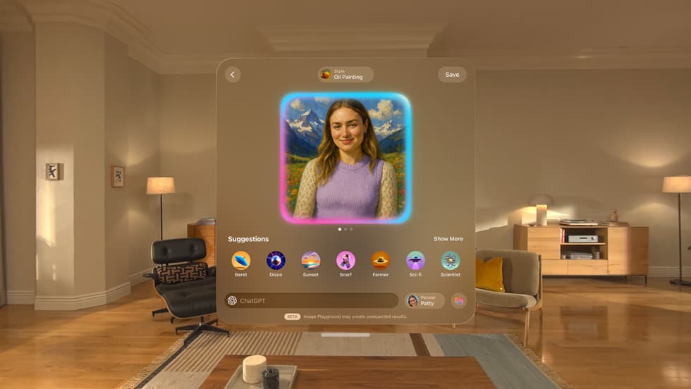 Apple Intelligence-funksjonen Image Playground vist svevende i et rom via Apple Vision Pro og visionOS.